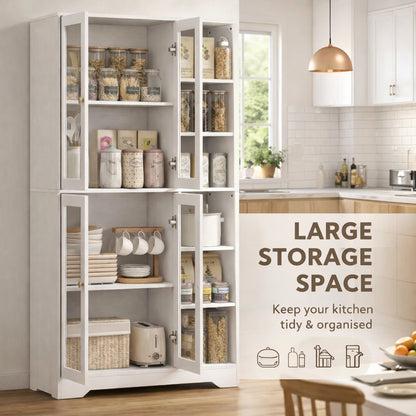 Multi-Storage Kitchen Cabinet, with Glass Doors - White Wood-Effect