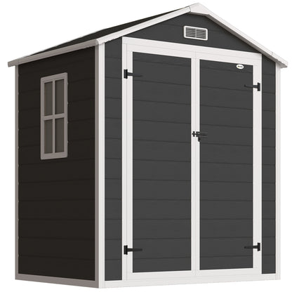 6'x4.5' Garden Storage Shed, Lockable Garden Shed with Double Doors, Window, Vent and Plastic Roof, Black