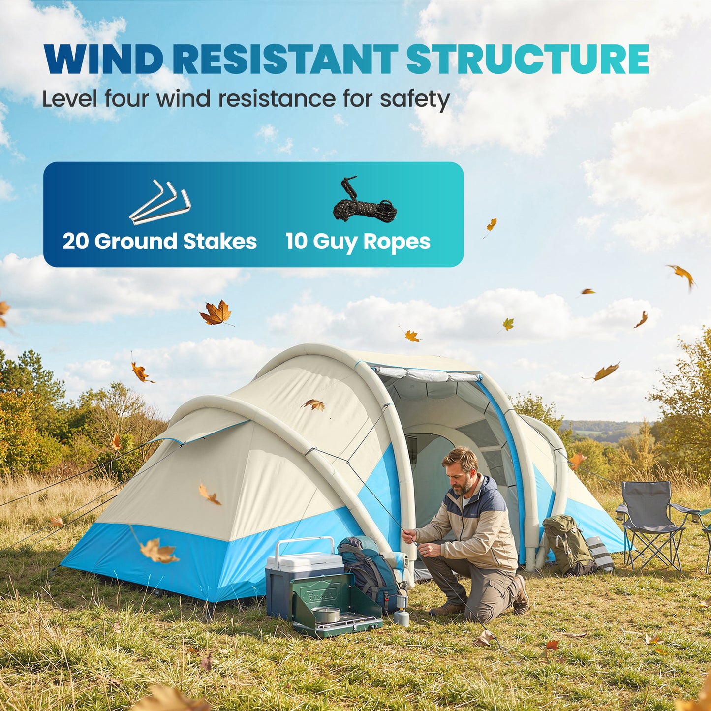Inflatable Tent 2 Bedroom Tunnel Design Windproof Air Tent with Carry Bag for 4 Person