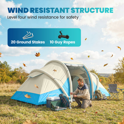 Inflatable Tent 2 Bedroom Tunnel Design Windproof Air Tent with Carry Bag for 4 Person