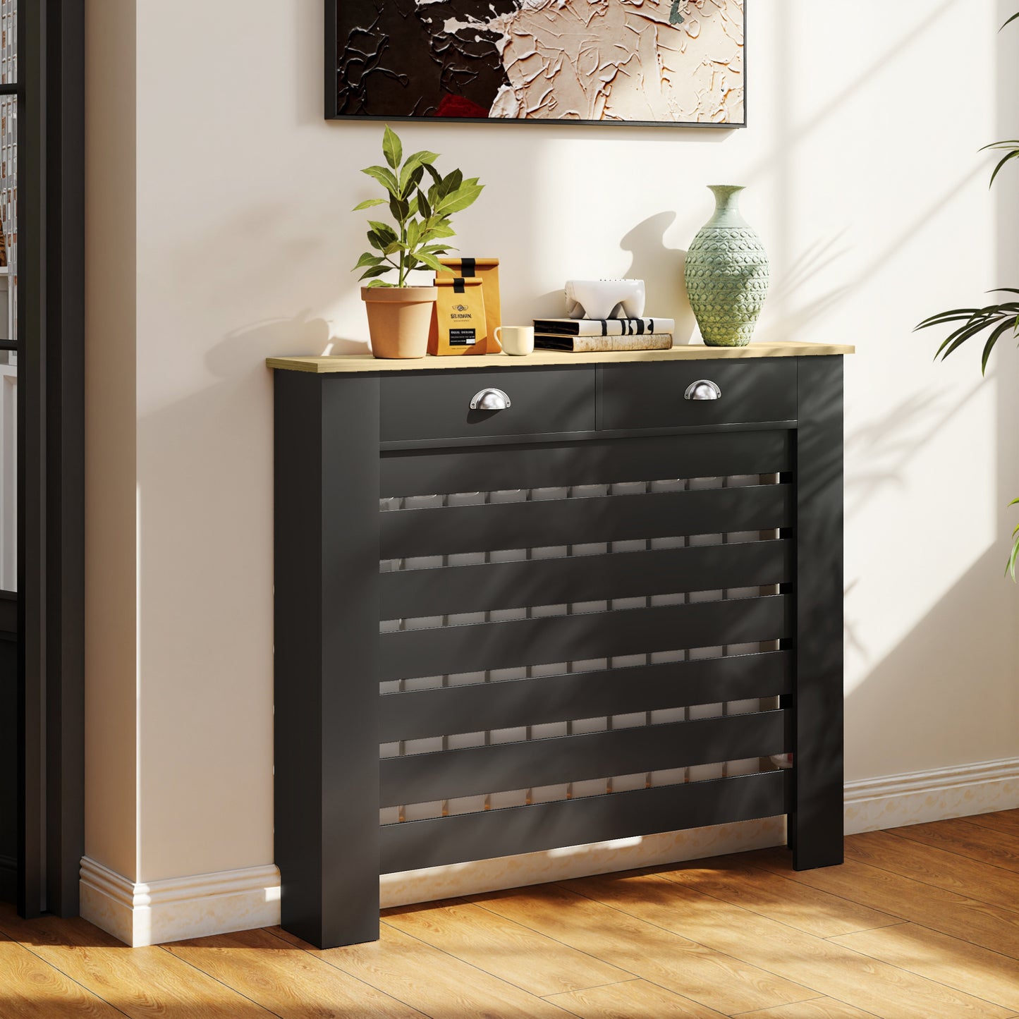 95.5H x 111Wcm Radiator Cover, with Drawer - Black