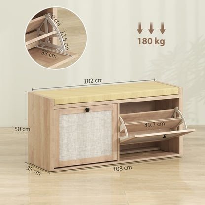 Rattan Shoe Bench with Padded Cushion and 2 Cabinets for Hidden Storage, Oak Wood Effect
