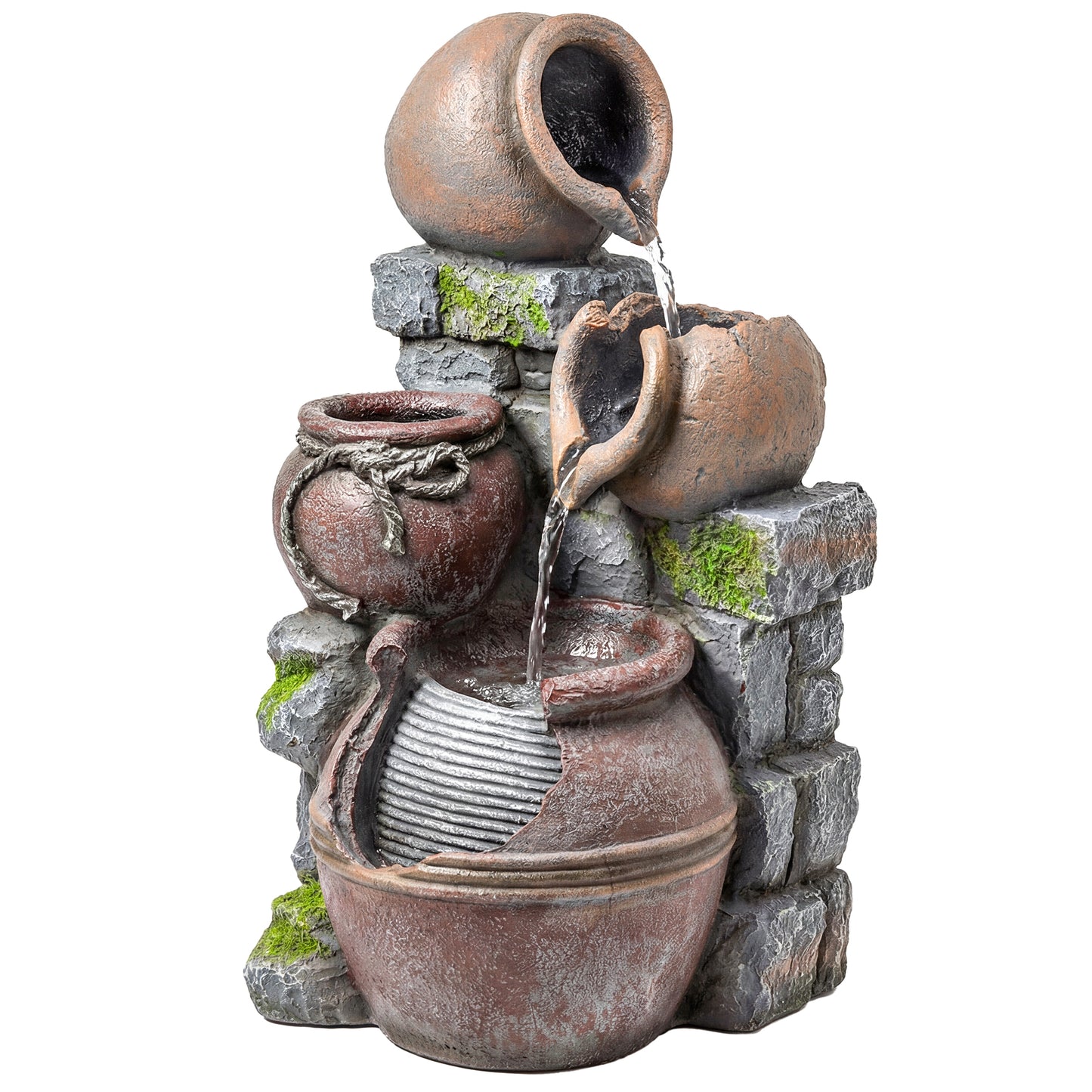 Outdoor Fountain with 4-Tier Rustic Pots & Planter, Garden Fountain with LED Lights, Rustic Brown