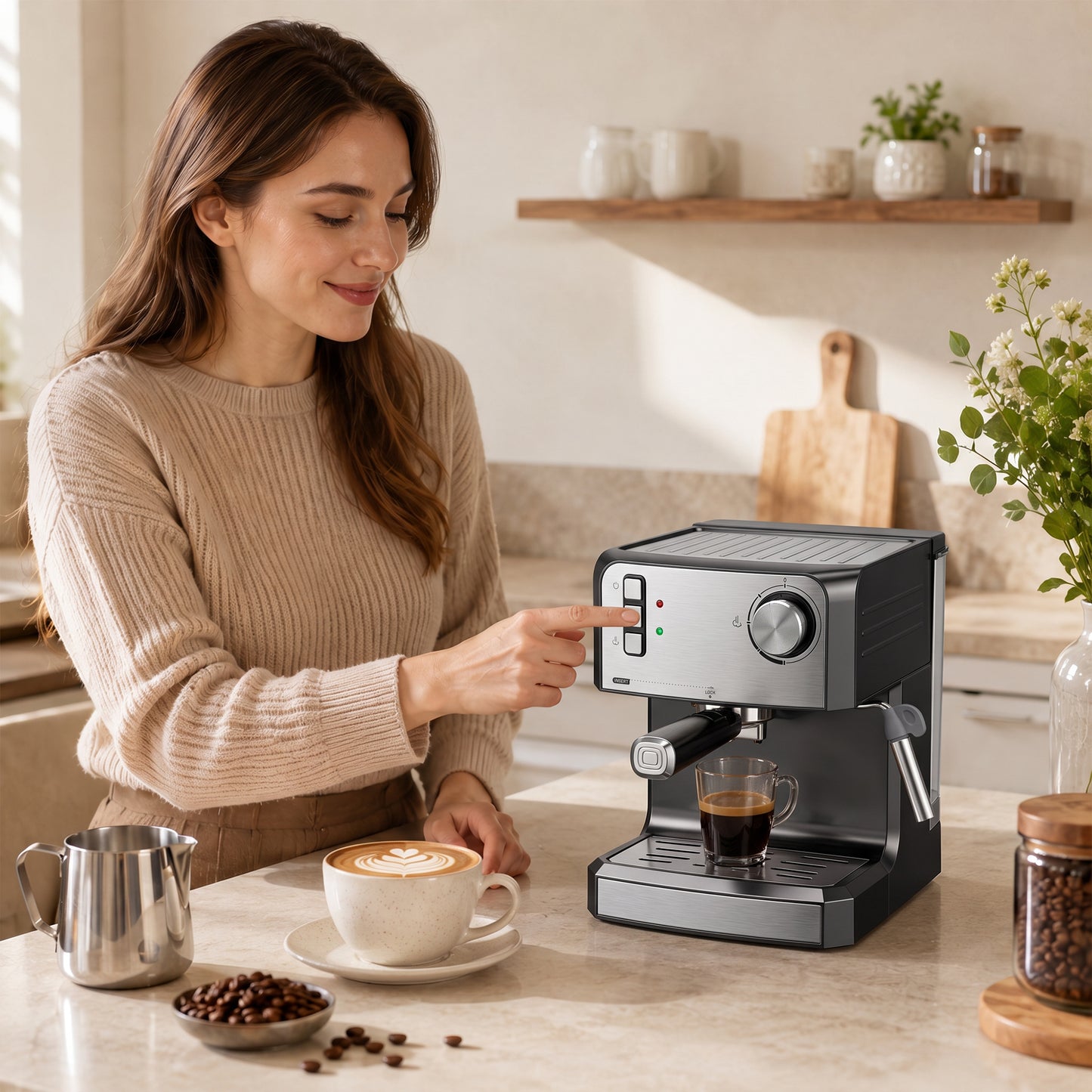 Espresso Machine, 20-Bar Semi Automatic Cappuccino Coffee Maker with Frother Wand, 1.6 L Water Tank, Black