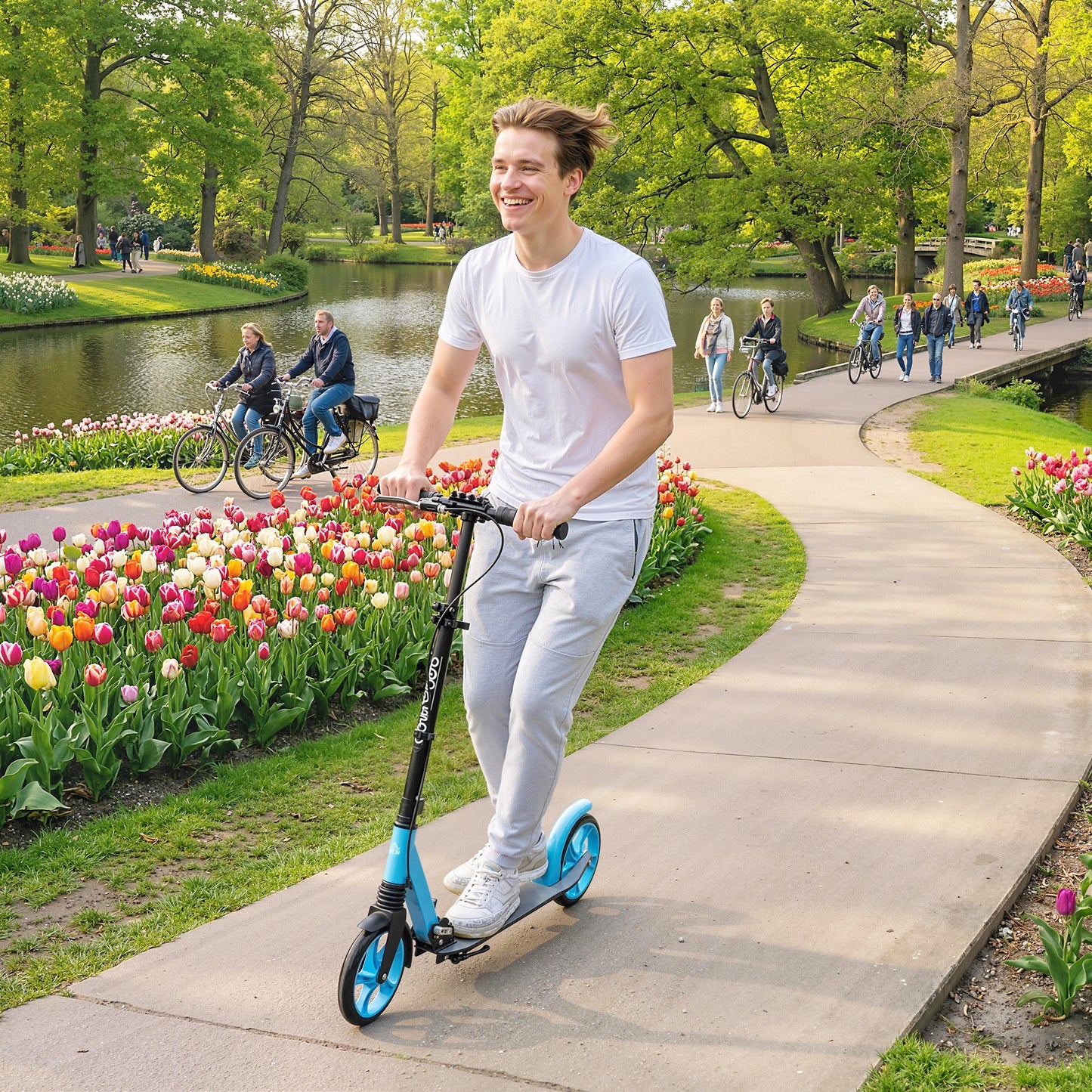 One-click Folding Kick Scooter for 14+ w/ Adjustable Handlebar, Push Scooter with Kickstand, Dual Brake System, Blue