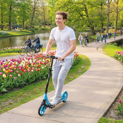 One-click Folding Kick Scooter for 14+ w/ Adjustable Handlebar, Push Scooter with Kickstand, Dual Brake System, Blue