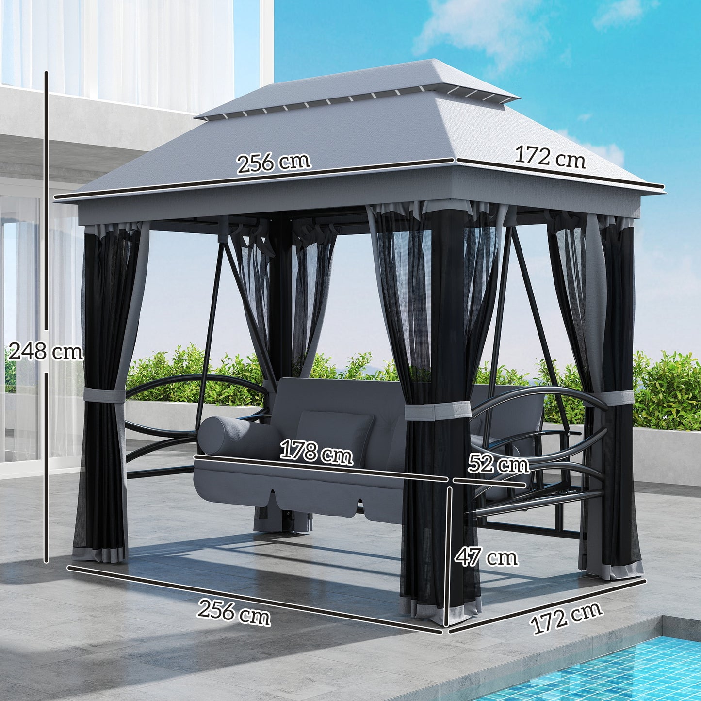 3 Seater Swing Chair Hammock Gazebo Lounger Cushioned Seat Waterproof Grey