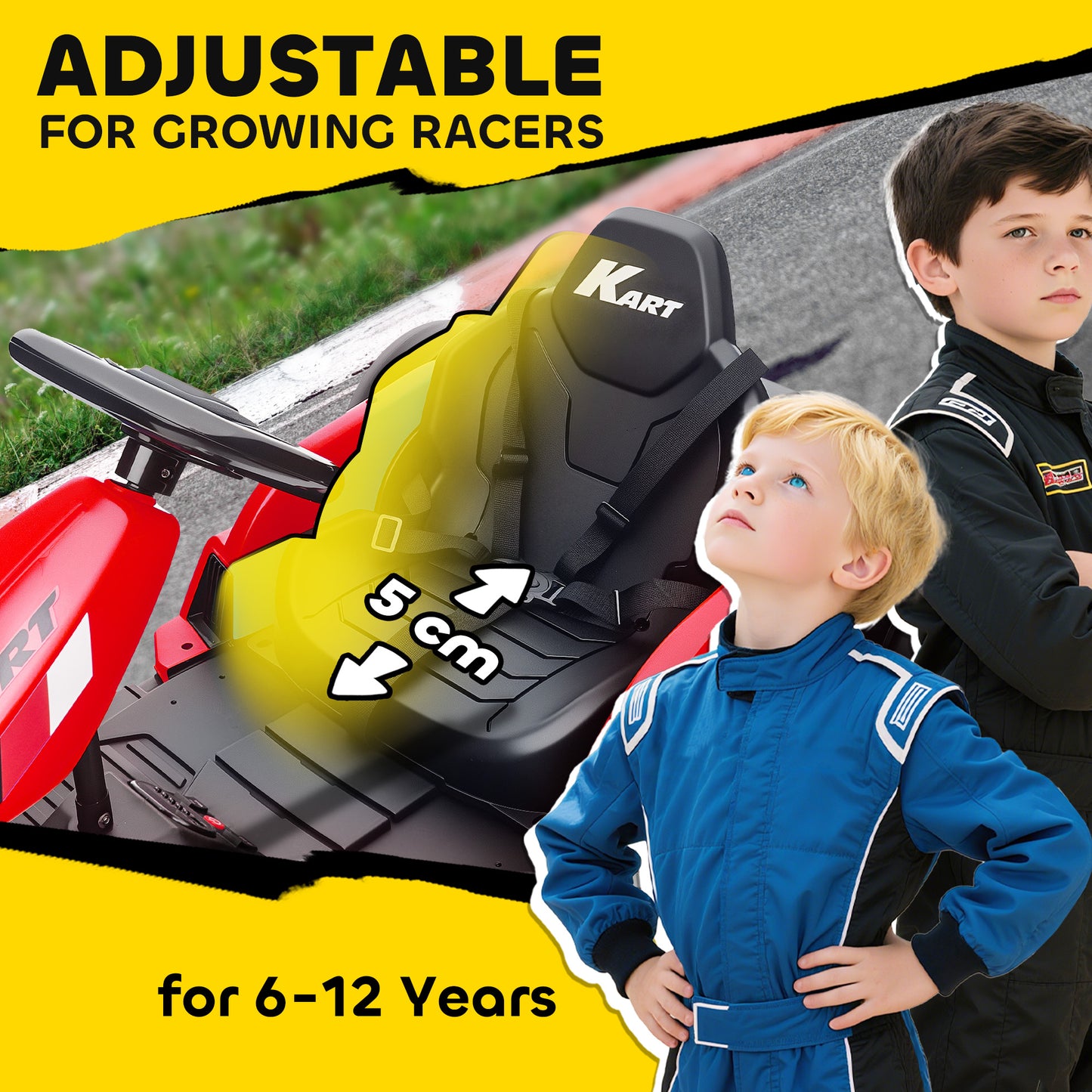 24V Electric Go Kart, Drift Kart with Adjustable Seat, Slow Start, 5-Point Harness, Music, for 6-12 Years, Red