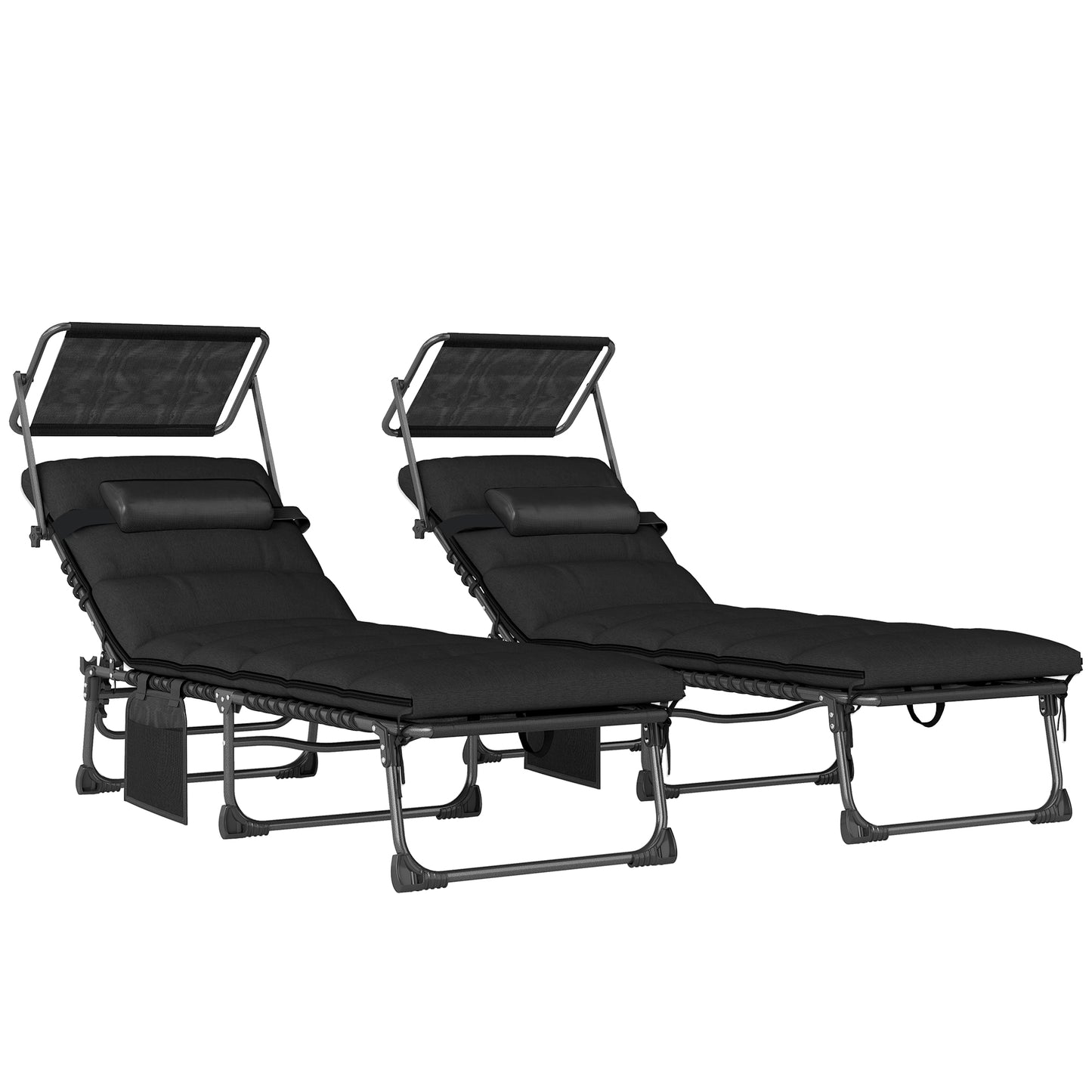 Folding Sun Loungers Set of 2 with Canopy, Reclining Sunbed with Cushion, Side Pocket, Carrying Handle, Black