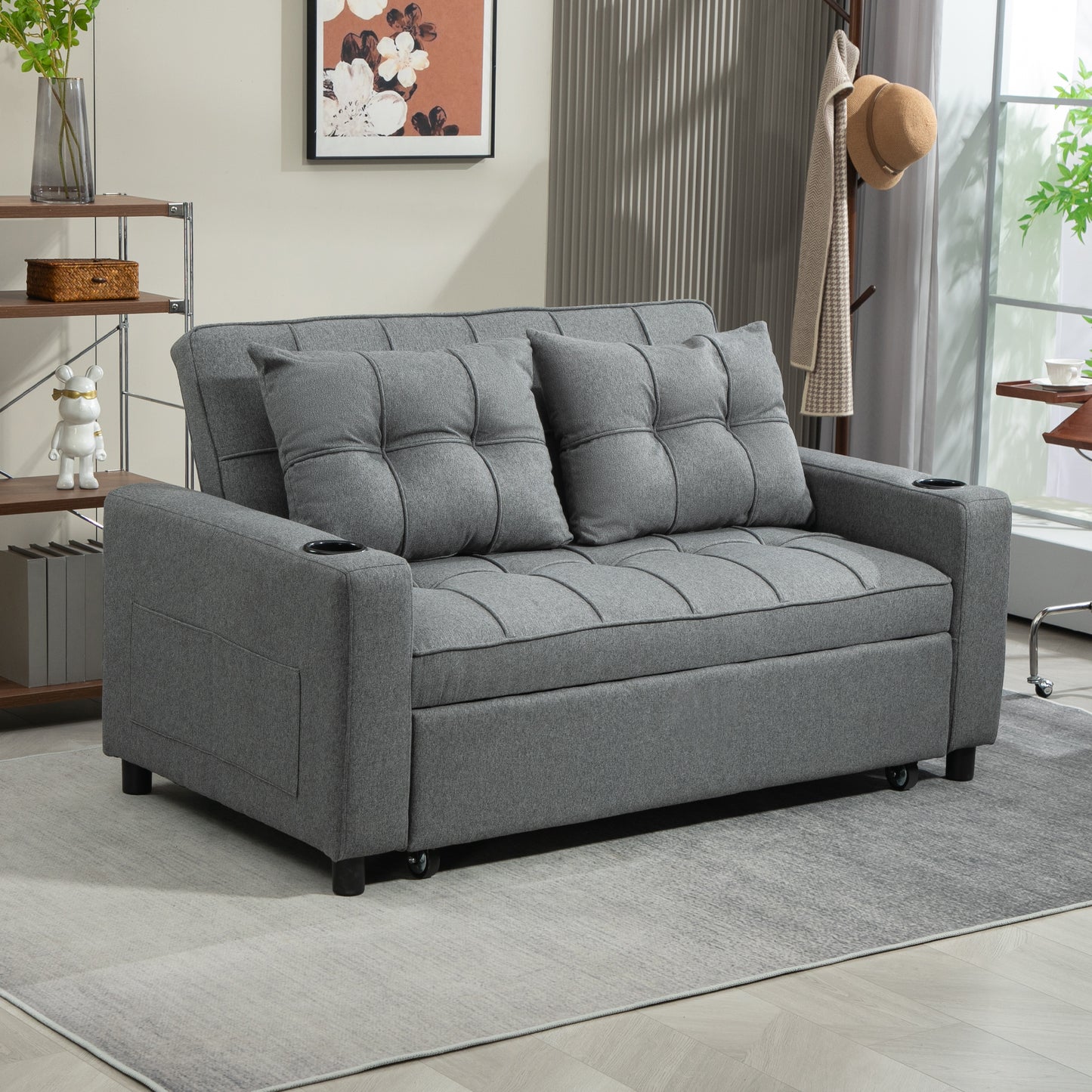 2 Seater Sofa Bed Pull-Out Sofa Bed for Small Space - Charcoal Grey