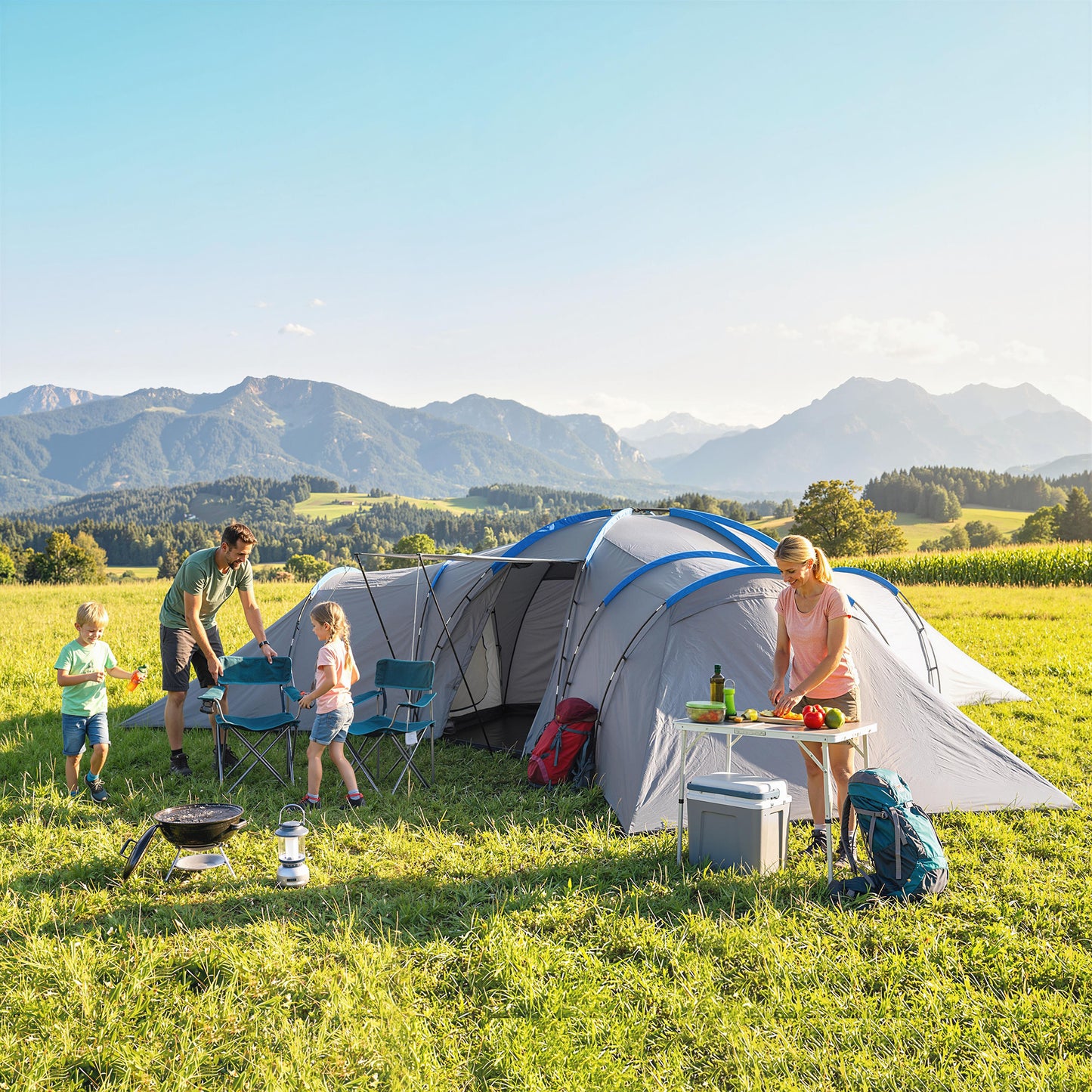 6-9 Man Large Tunnel Tent with 3 Bedrooms, Living Area and Porch, Stand-up Camping Tent, Portable with Bag, Light Grey