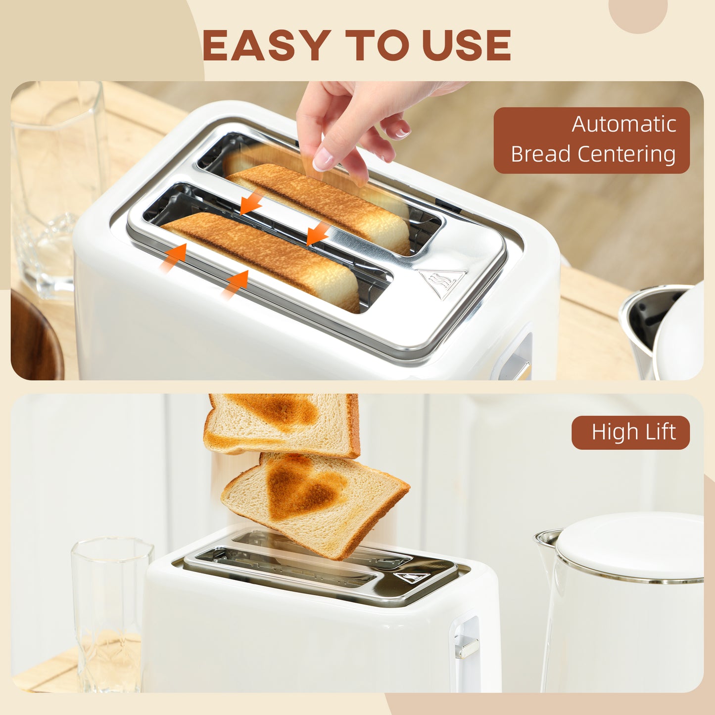 Polished Stainless Steel Kettle and Toaster Set - White