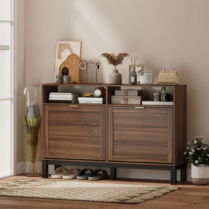 Shoe Cabinet with 2 Flip Drawers, Narrow Shoe Storage Top for Entryway Hallway, Rustic Brown