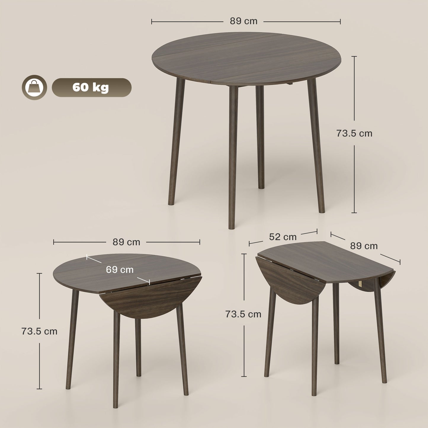 Folding Dining Table for 4, Round Drop Leaf Table, Modern Space Saving Small Kitchen Table with Wood Legs for Dining Room