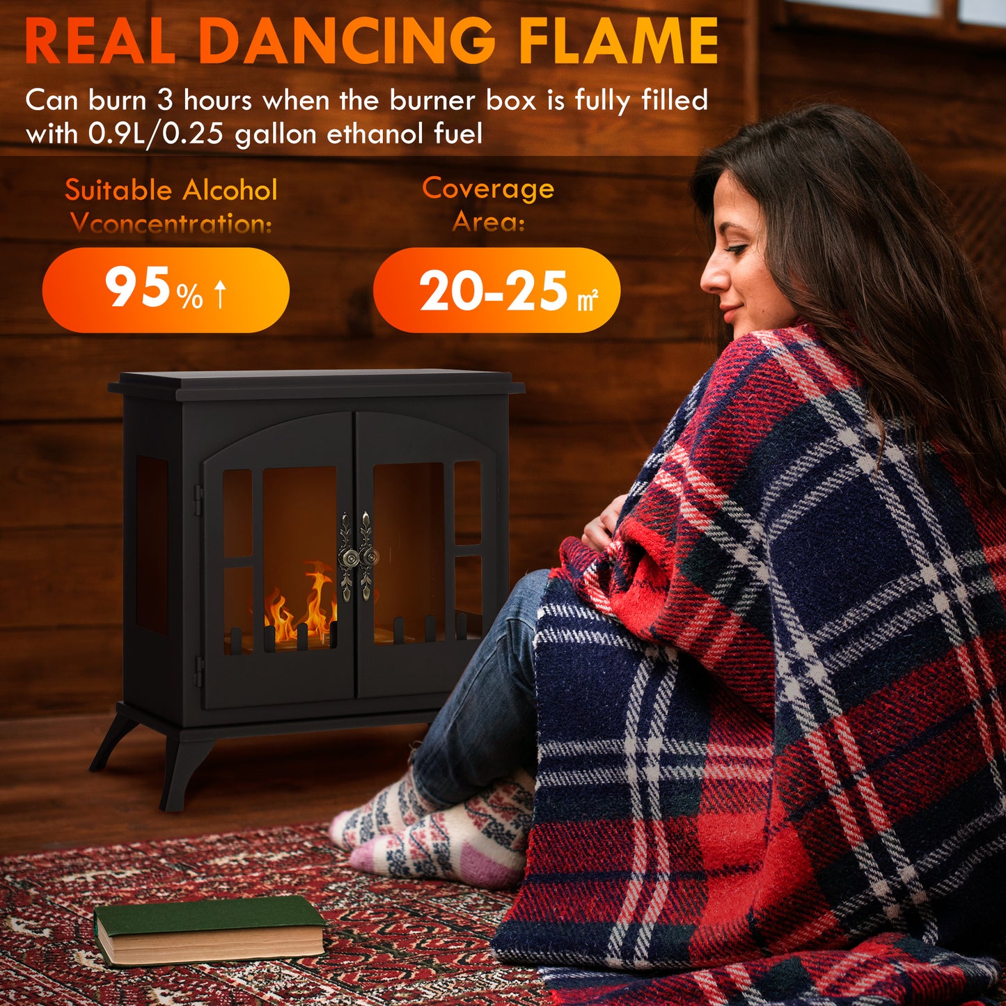 Bioethanol Stove Freestanding Medium-Large 3H Burning Stainless Steel Flame Snuffer for Living Room Black