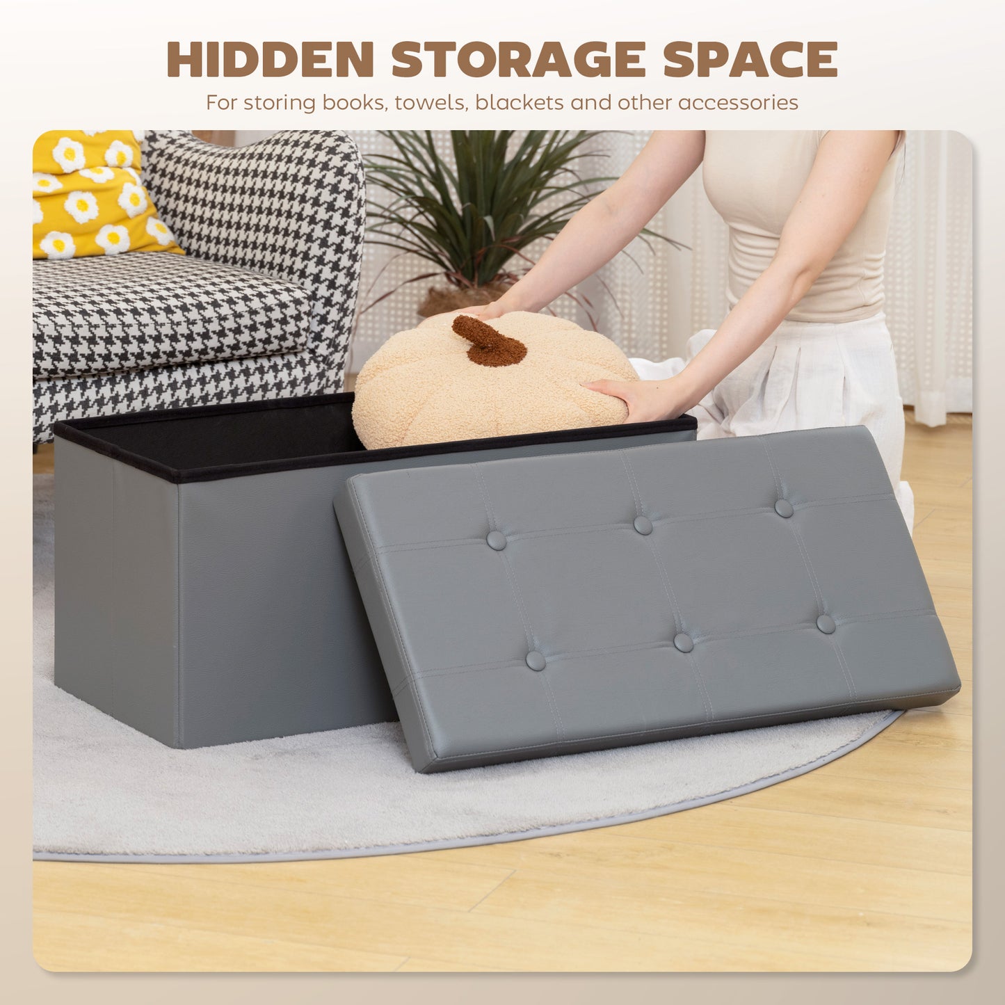 Storage Ottoman Bench, 89L PU Leather Folding Foot Rest Stool, End of Bed Bench, Easy Assembly, for Living Room, Bedroom