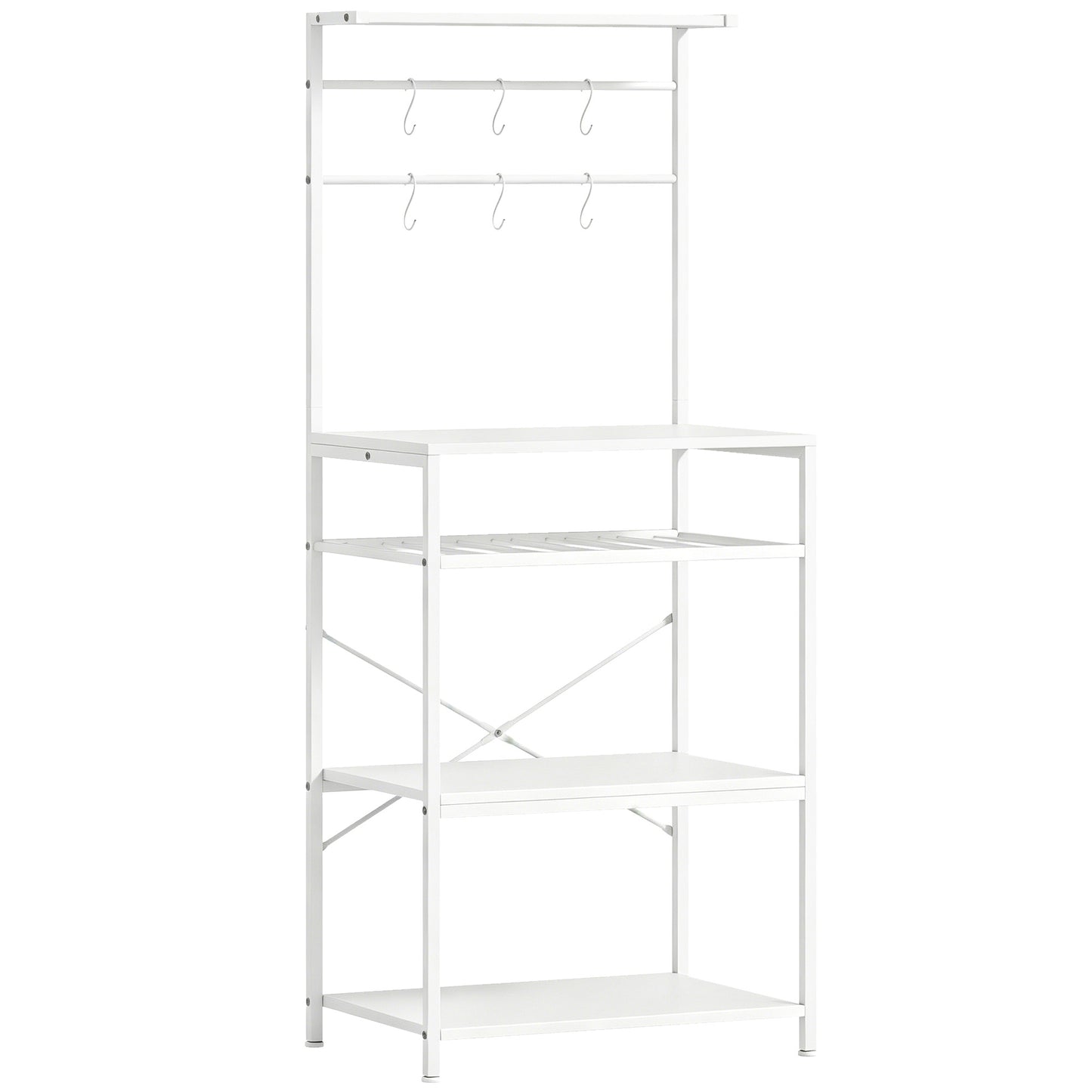 Freestanding Shelving Unit, Industrial Storage Shelf with 6 Hooks and Wine Rack for Living Room, Home Office, White