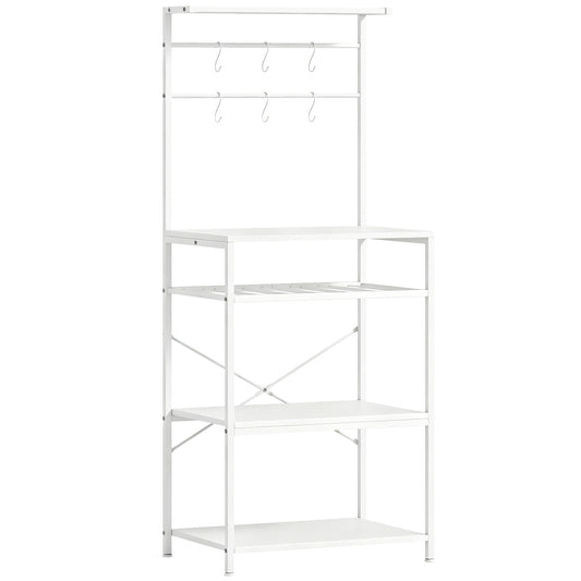 Freestanding Shelving Unit, Industrial Storage Shelf with 6 Hooks and Wine Rack for Living Room, Home Office, White