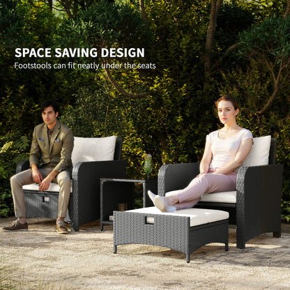Five Piece Rattan Garden Furniture Set with 2-Tier Coffee Table and Ottomans - Cream White