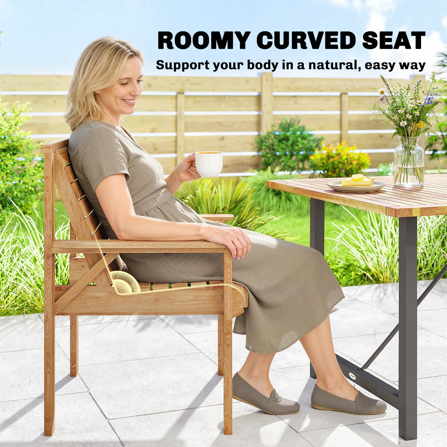 Wooden Garden Dining Chair, Outdoor Chair Garden Armchair with Curved Seat and Wide Armrests, Natural Wood Finish