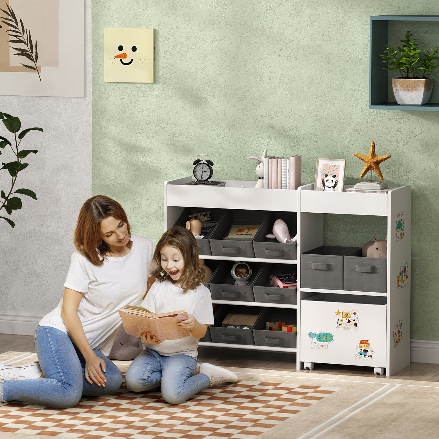 Kids Toy Storage Unit with 11 Bins, Cabinet, Top Shelves, 3 Stickers, for Nursery, Playroom, White
