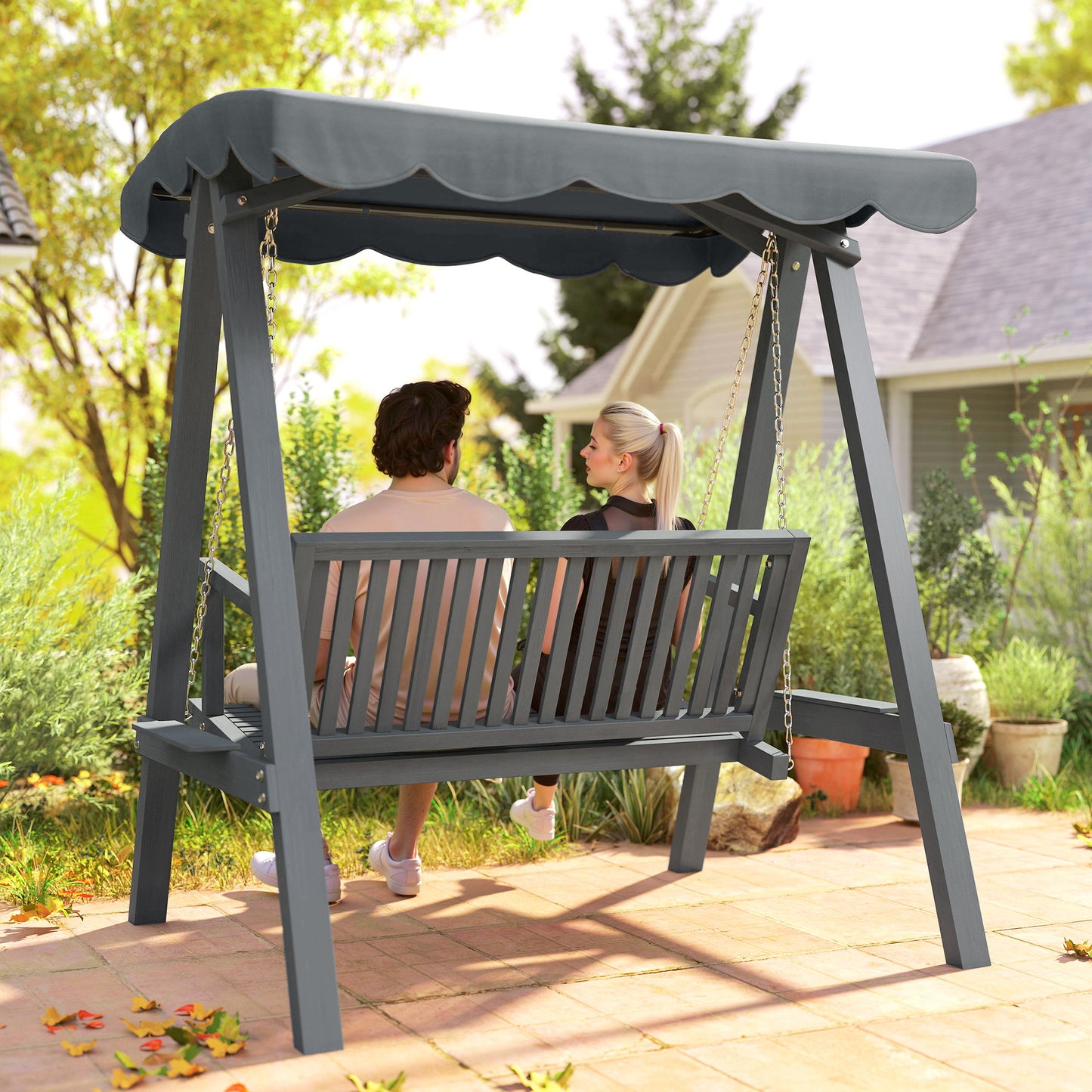 2 Seater Garden Swing Seat with Canopy, Wooden Swing Chair, Outdoor Hammock Bench for Balcony Patio Porch, Grey