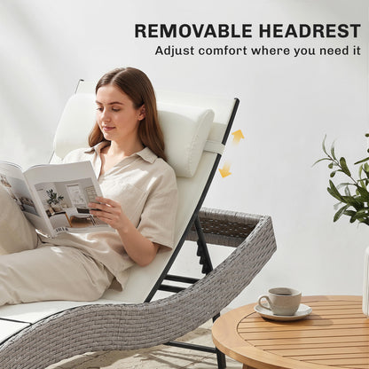 Rattan Sun Lounger, Garden Recliner with 5 Position Adjustable Back, S Shaped Texteline Seat, Headrest, Cream White