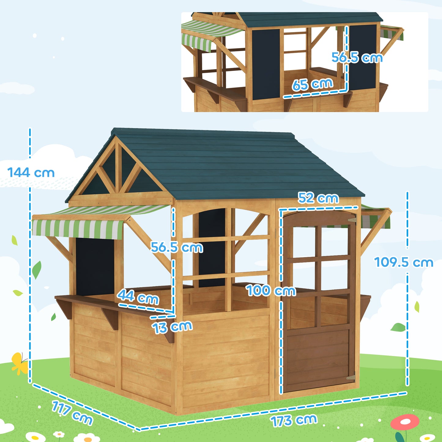 Wooden Playhouse for Kids, Foldable Wendy House with Windows, Working Door, Service Stations, Rain Covers, Brown