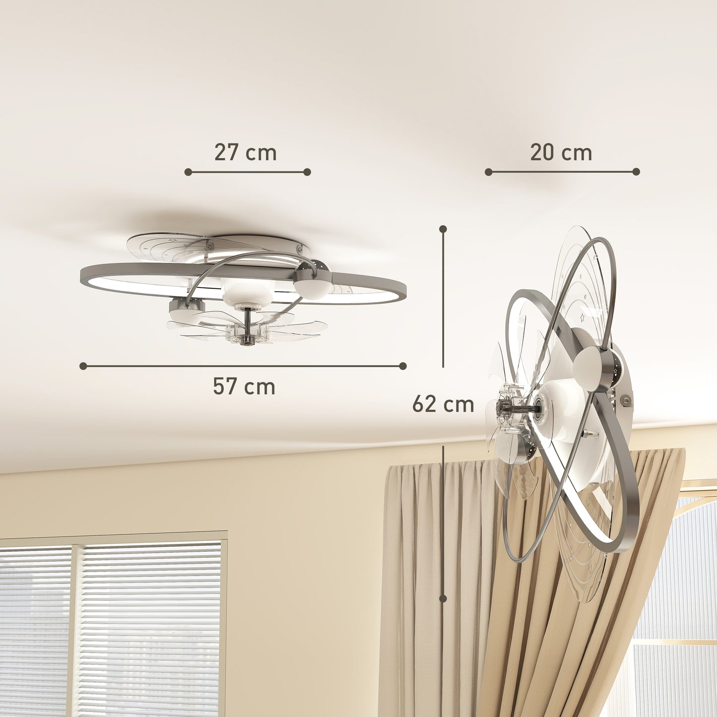 Ceiling Fan with Light and Remote, 3 Colour Temperatures, LED Mount Ceiling Fan Light for Bedroom, Silver Tone