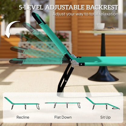 Foldable Sun Lounger with 5-Position Adjustable Backrest, Outdoor Portable Recliner Chaise Lounge Chair, Green
