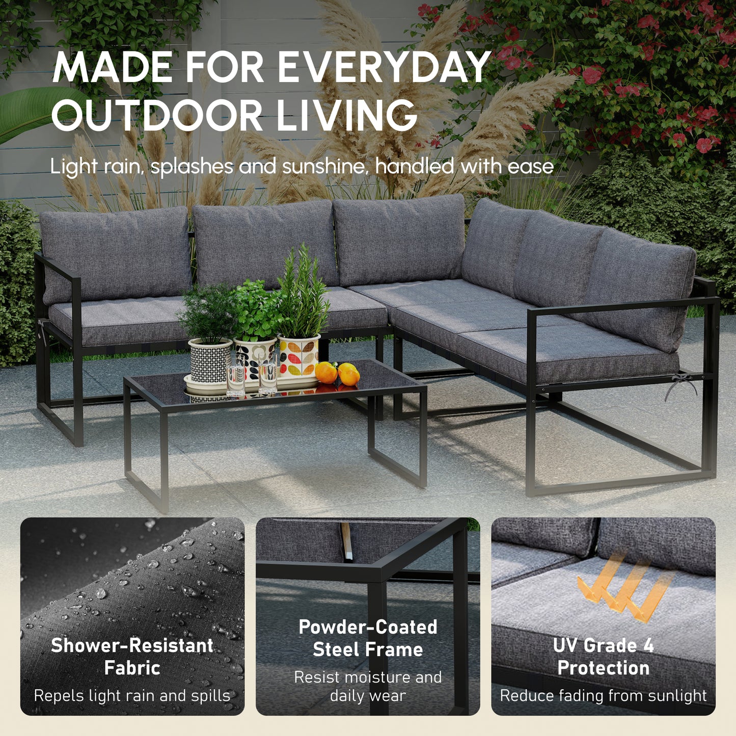 Three-Piece L Shaped Garden Furniture Set with Cushions - Grey