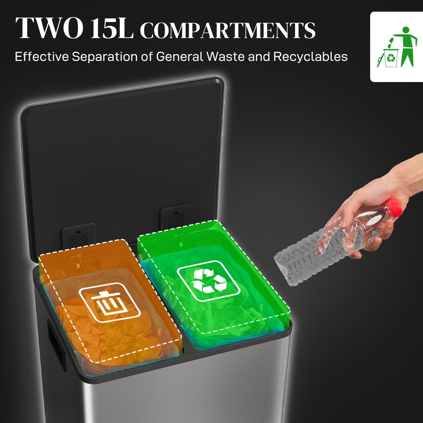 30L Dual Compartment Stainless Steel Bin, with Deodoriser Holders - Silver Tone