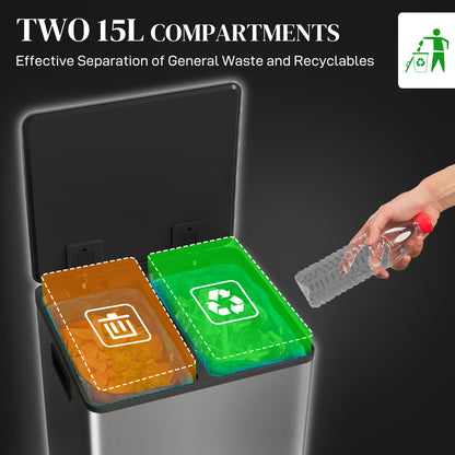 30L Dual Compartment Stainless Steel Bin, with Deodoriser Holders - Silver Tone