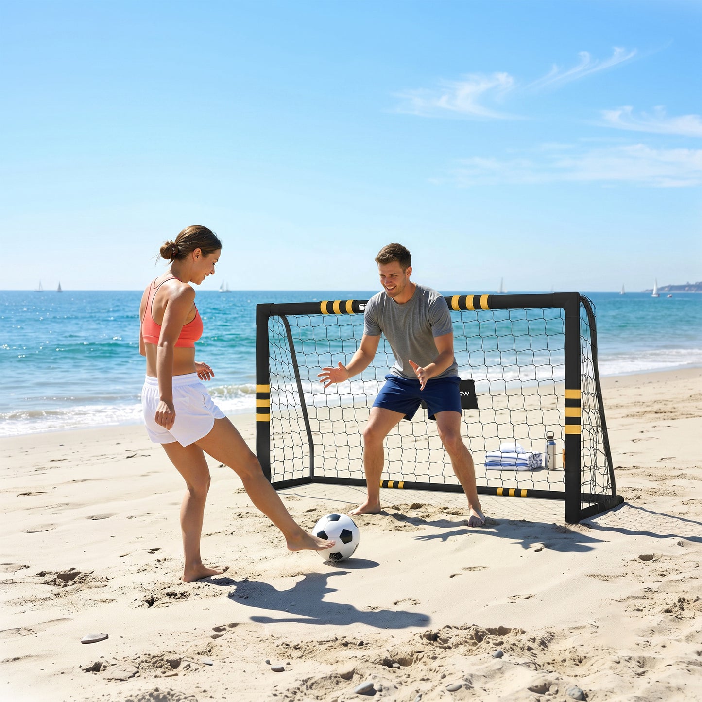 Football Goal, 6 x 4ft Portable Football Net with EPE Foam Padding, PVC Tube Covers Ground Stakes and Metal Frame