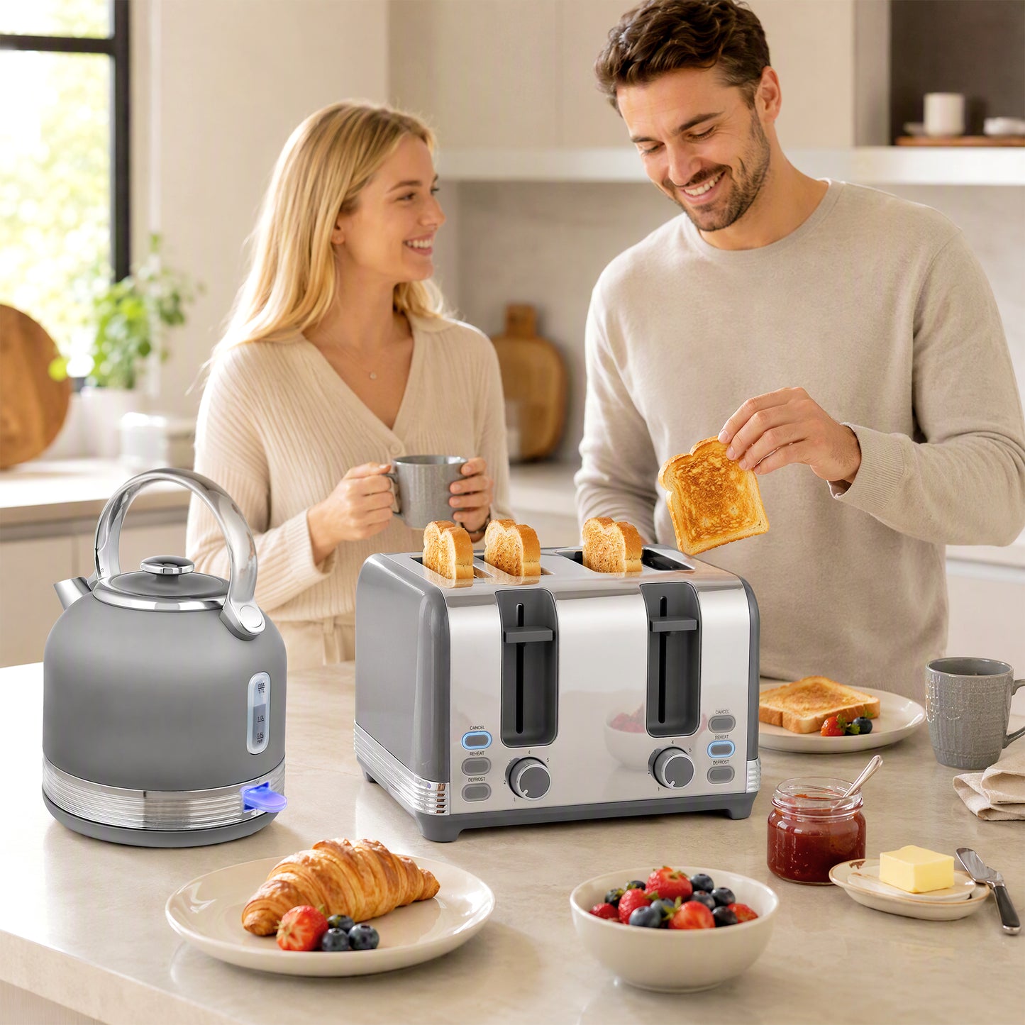 Stainless Steel Kettle and Toaster Set, 1.7L 3000W Cordless Fast Boil Kettle, 4 Slice Toaster Kitchen Set, Grey