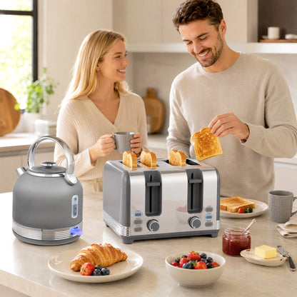 Stainless Steel Kettle and Toaster Set, 1.7L 3000W Cordless Fast Boil Kettle, 4 Slice Toaster Kitchen Set, Grey