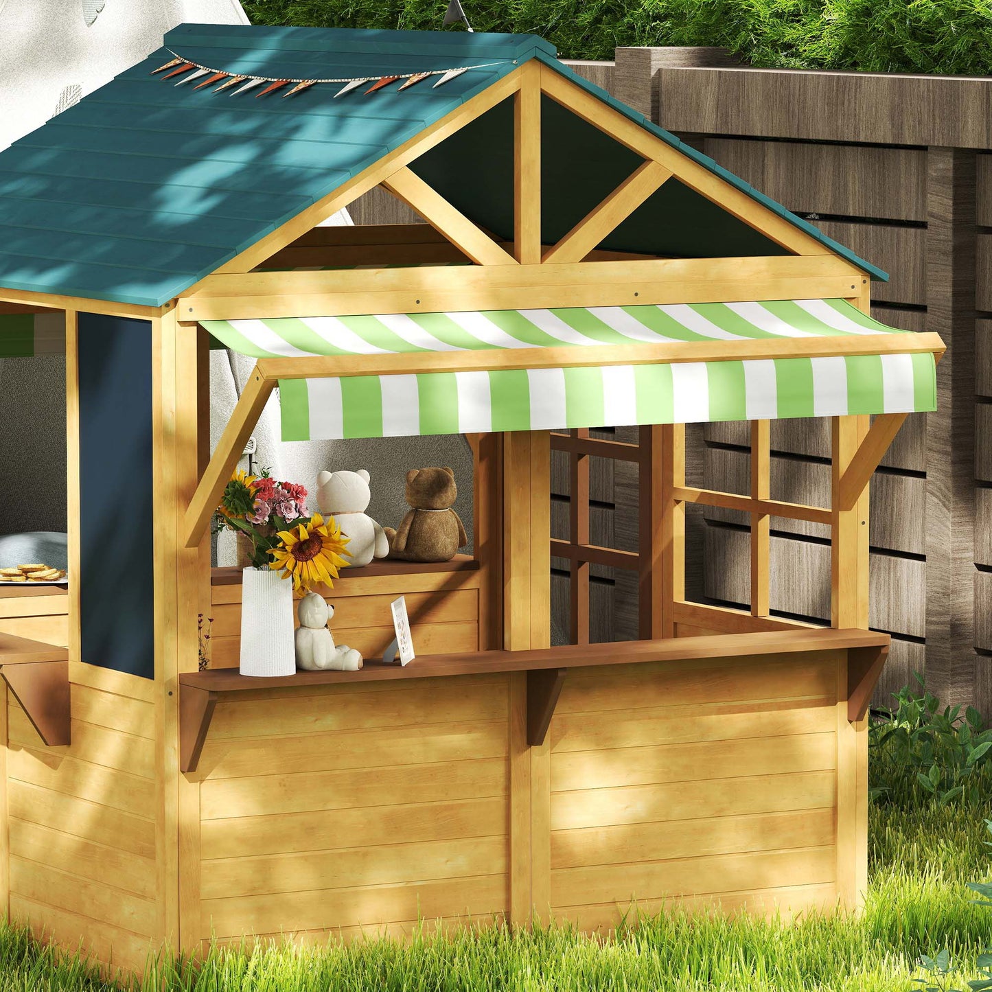 Wooden Playhouse for Kids, Foldable Wendy House with Windows, Working Door, Service Stations, Rain Covers, Brown