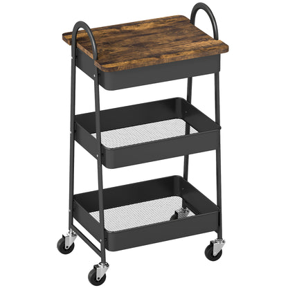 3-Tier Kitchen Storage Trolley with on Wheels Cover Top Board - Rustic Brown and Black