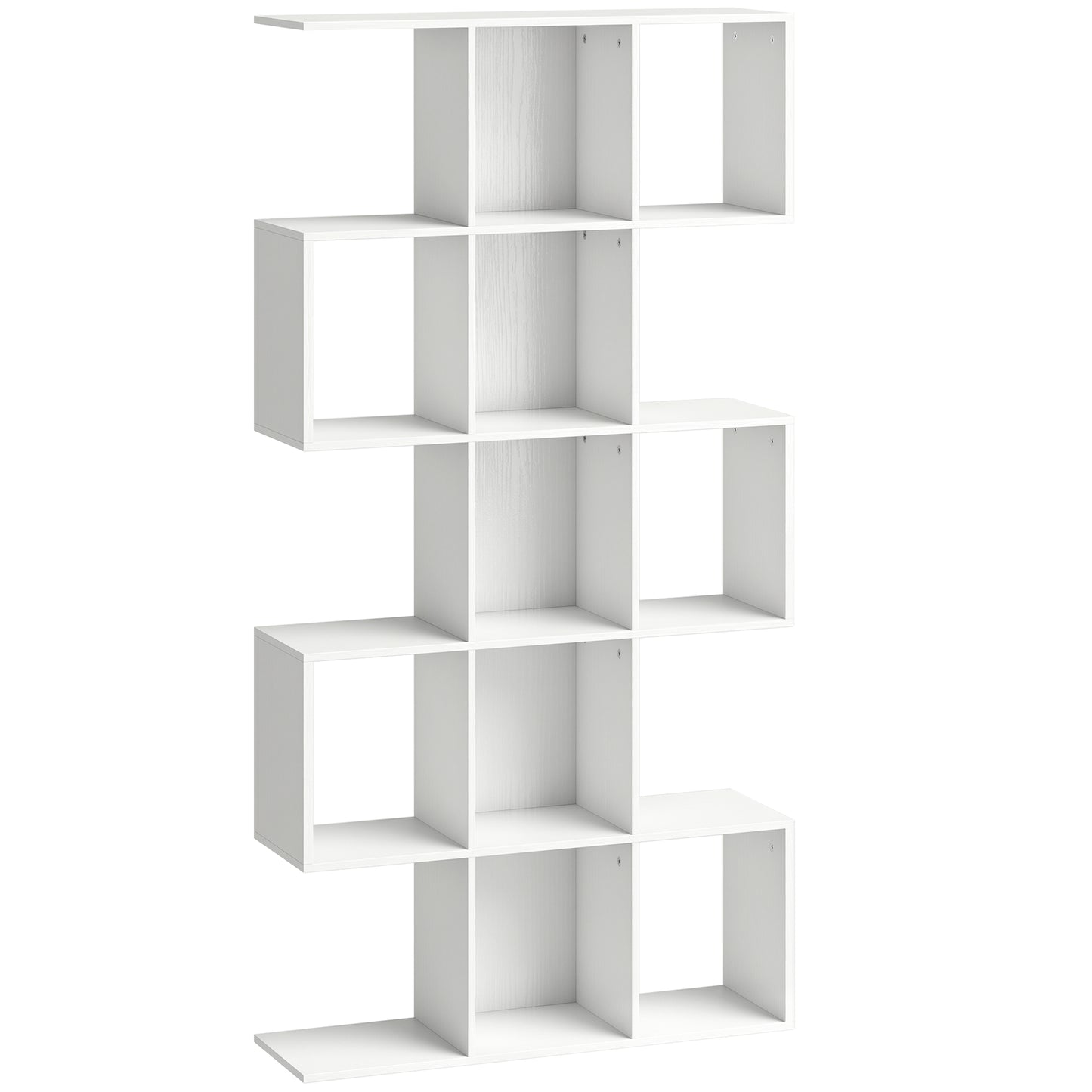 5-Tier Bookshelf, S Shaped Geometric Bookcase with 15 Compartments, White Wood Effect