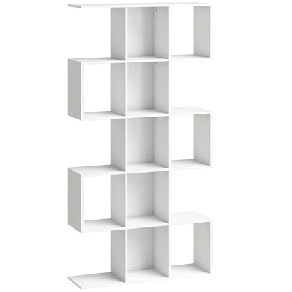 5-Tier Bookshelf, S Shaped Geometric Bookcase with 15 Compartments, White Wood Effect
