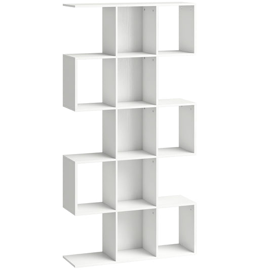 5-Tier Bookshelf, S Shaped Geometric Bookcase with 15 Compartments, White Wood Effect