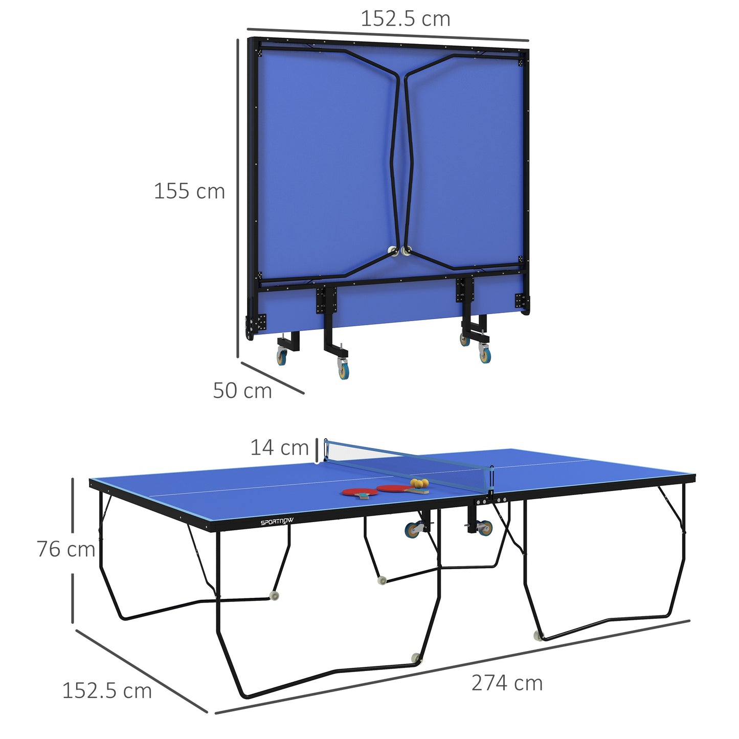 9FT Folding Tennis Table, with 8 Wheels, for Indoor Use, Blue