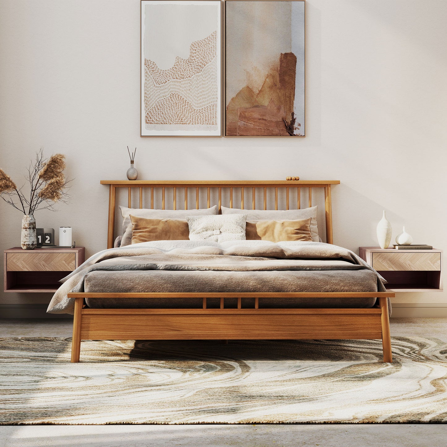 Set of Two Floating Bedside Tables - Natural Wood Finish
