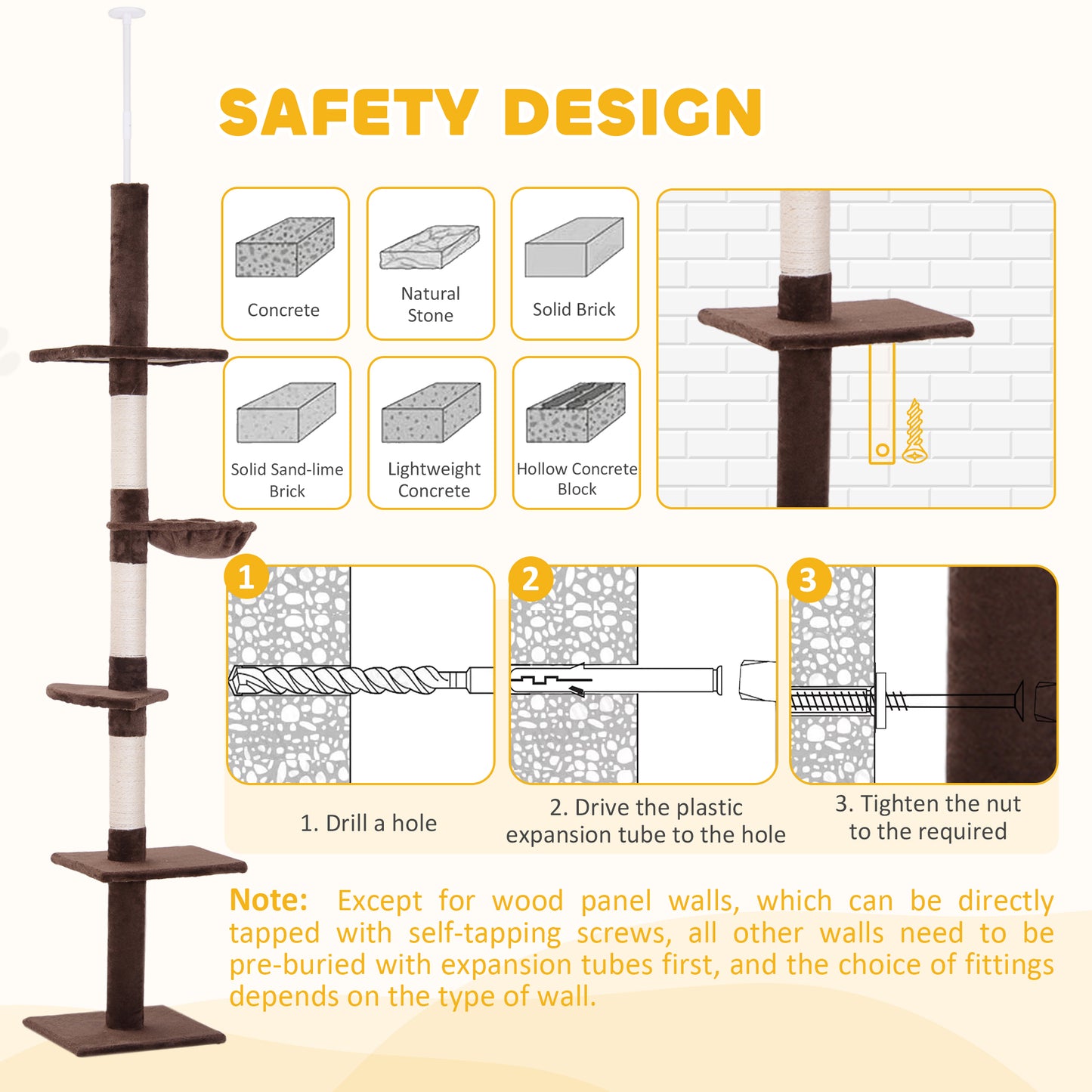 Floor to Ceiling Cat Tree 230-260cm Height Adjustable, 5-Tier Cat Tower with Scratching Posts, Hammock, Perches