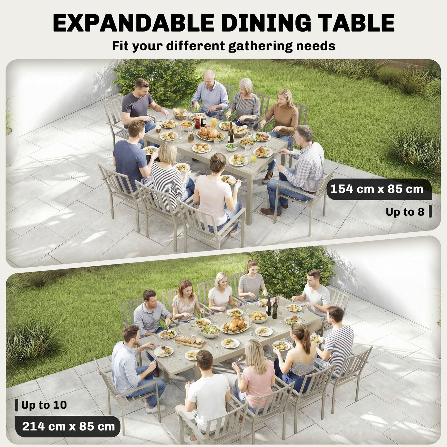 Extending Garden Table, Aluminium Outdoor Dining Table for 8-10 with Wood-Like Grained Surface, Light Grey Wood Effect
