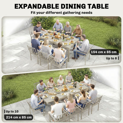 Extending Garden Table, Aluminium Outdoor Dining Table for 8-10 with Wood-Like Grained Surface, Light Grey Wood Effect