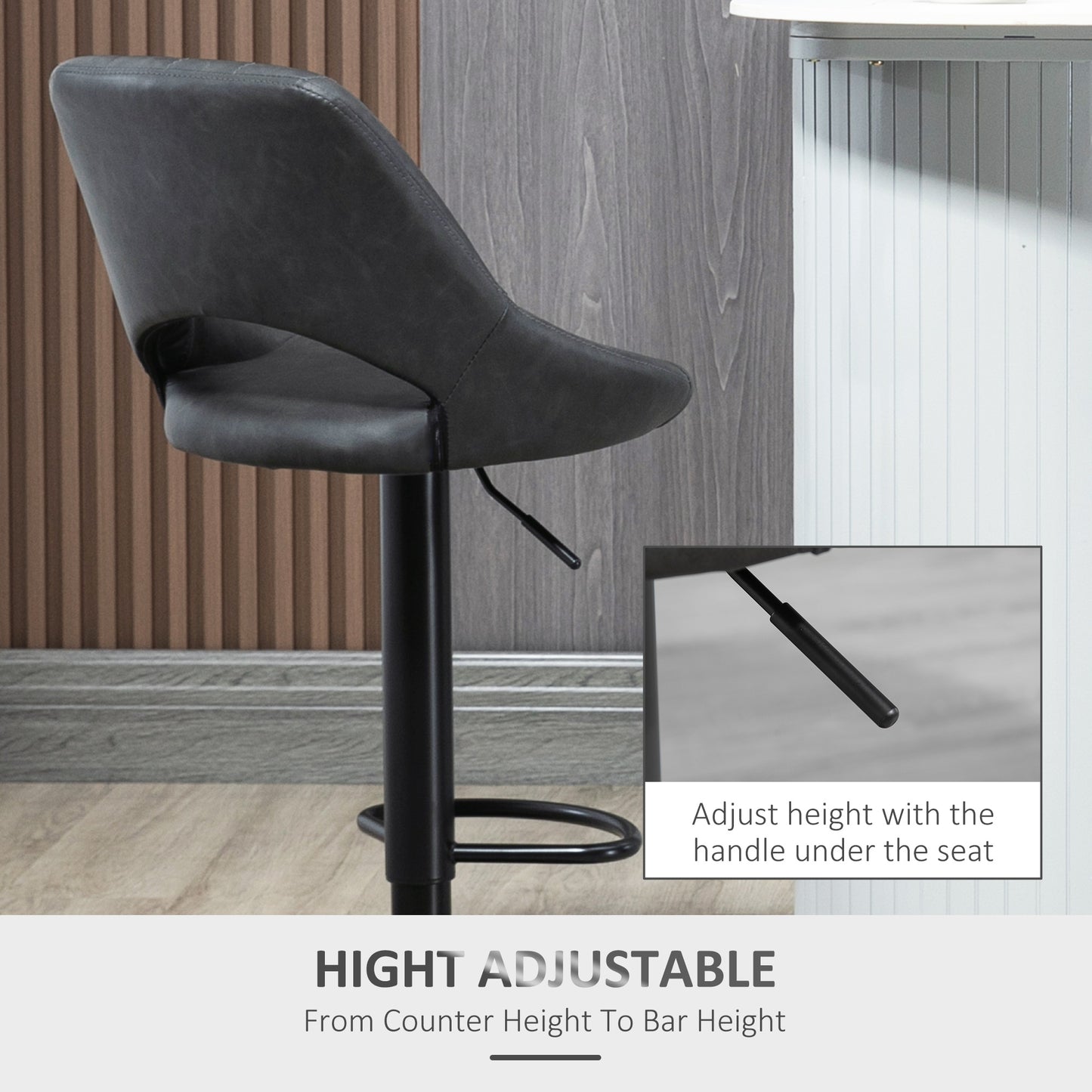 Bar Stools Set of 2, PU Leather Swivel Barstools with Backrest and Footrest for Kitchen, Counter, Breakfast Bar, Grey