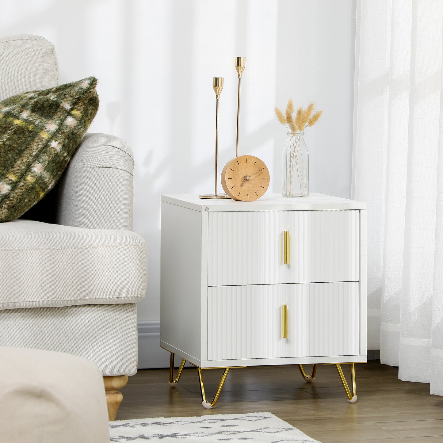 Elegant Fluted Bedside Table - White/Gold-Tone