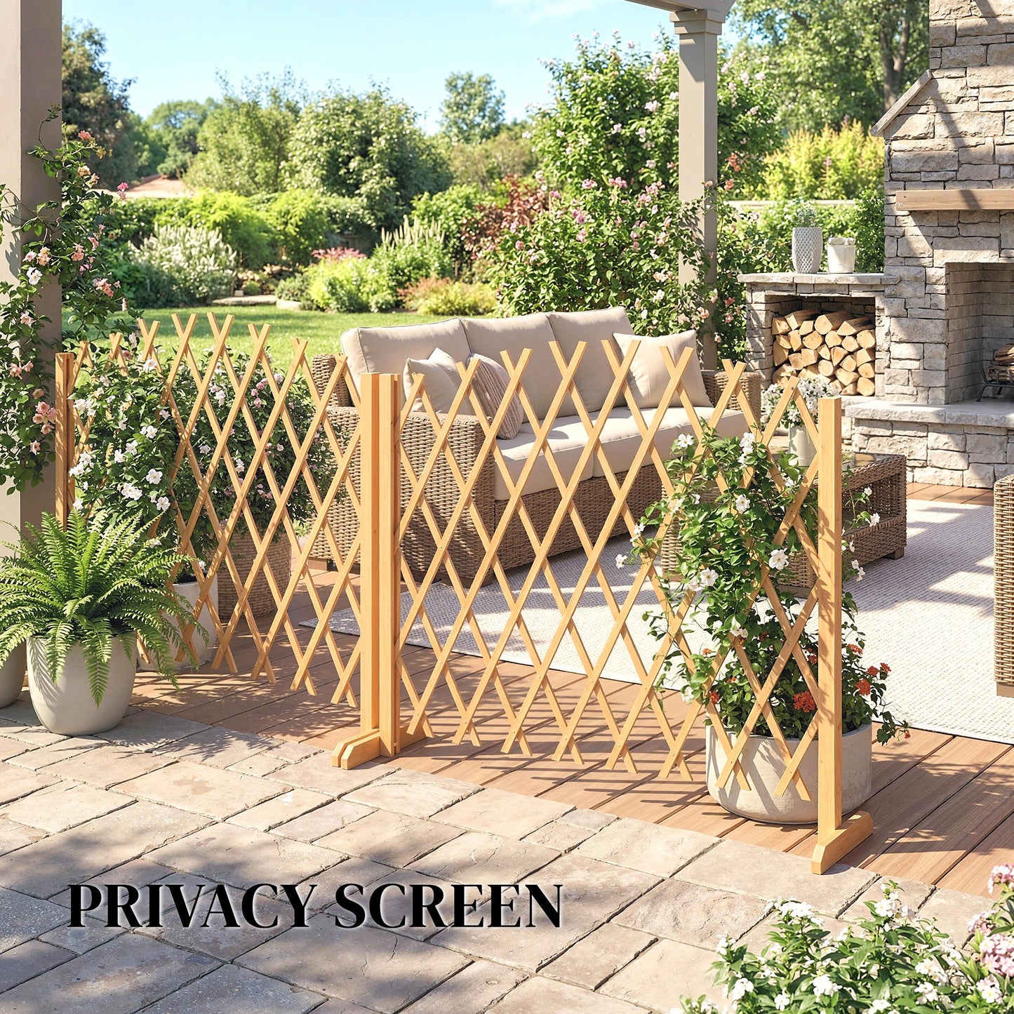 2 Pack Expanding Fence Panels, Wooden Freestanding Garden Fence with Stable Feet, 180 x 30 x 103cm, Brown