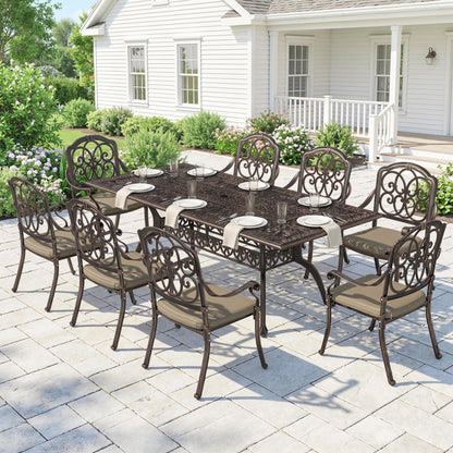 9 Piece Cast Aluminium Garden Dining Set, Garden Table and Chairs Set with Cushions, Parasol Hole for Patio, Bronze Tone